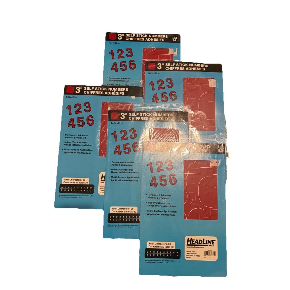 Lot of 5 Headline Sign‎ 3" Self Stick Numbers Helvetica Red Vinyl Decals